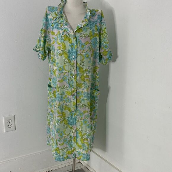 Vintage 60s Mod Flower Power Groovy Pearl Snap House Dress - Picture 1 of 5